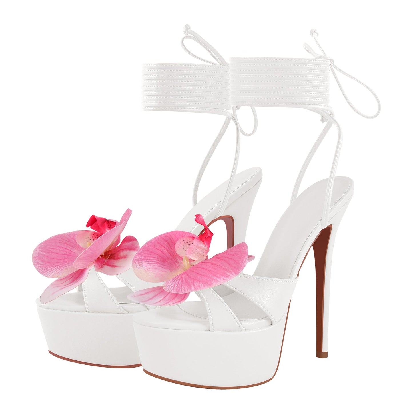 Round Toe Flower Platform Lace-up Stiletto Sandals - Onlymaker