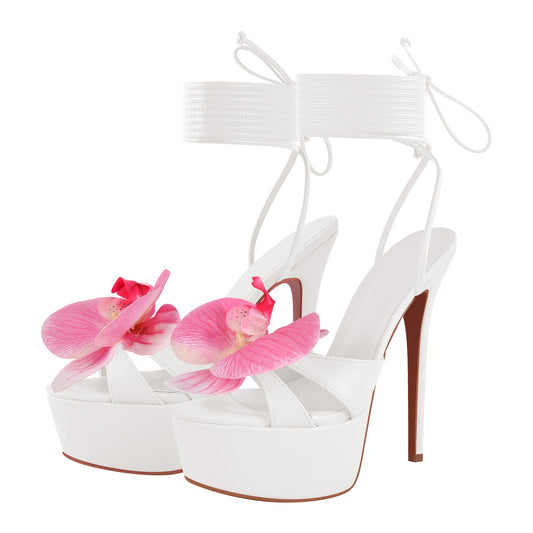 Round Toe Flower Platform Lace-up Stiletto Sandals - Onlymaker