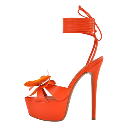 Round Toe Flower Platform Lace-up Stiletto Sandals - Onlymaker