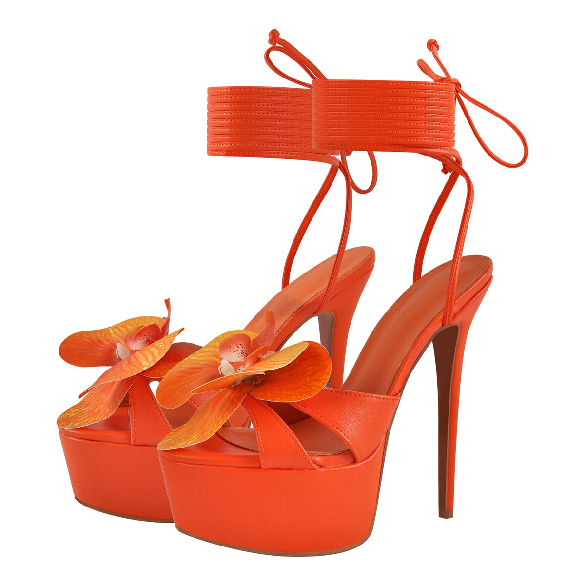 Round Toe Flower Platform Lace-up Stiletto Sandals - Onlymaker