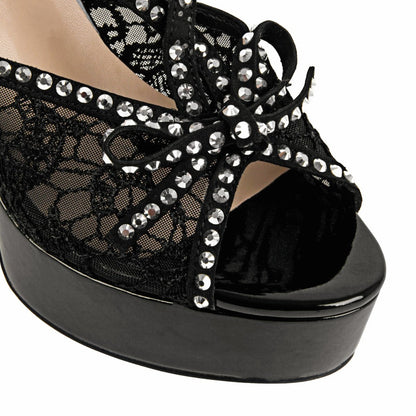 Platform Lace Mesh Rivet Strap Slingback Sandals - Onlymaker