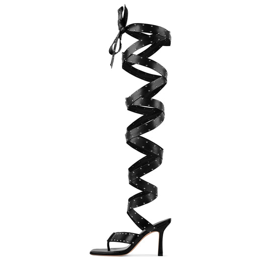 Square Toe Thong Rivet Strappy Lace-up Sandals - Onlymaker