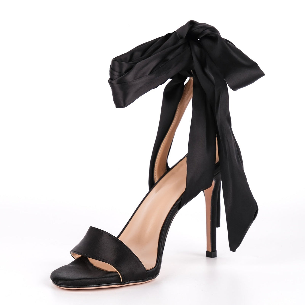 Round Toe Satin Lace-up Stiletto Sandals - Onlymaker