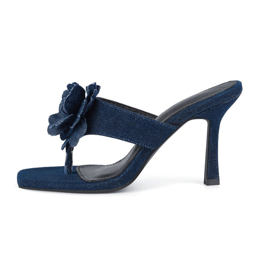 Square Toe Flower Denim Flip Flops Sandals - Onlymaker