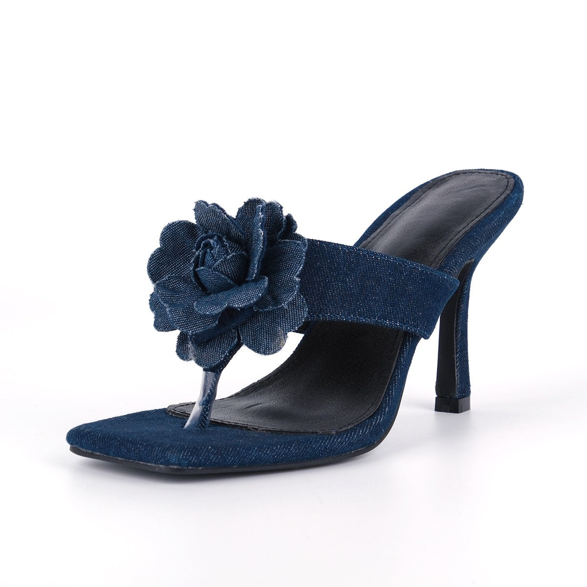Square Toe Flower Denim Flip Flops Sandals - Onlymaker