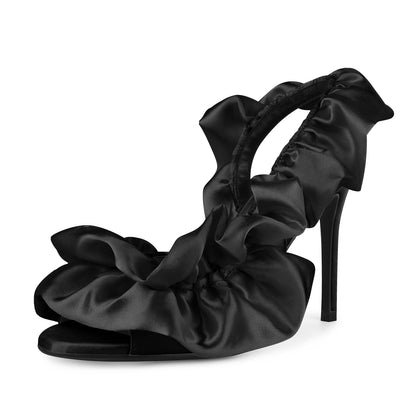 Round Toe Satin Slingback Sandals - Onlymaker