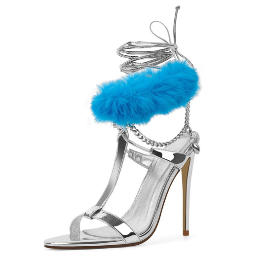 Round Toe Fur Metal Chain Lace-up Sandals - Onlymaker