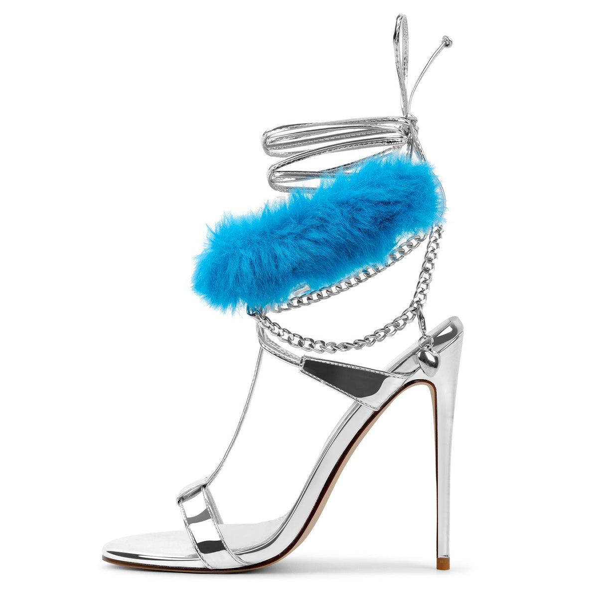 Round Toe Fur Metal Chain Lace-up Sandals - Onlymaker