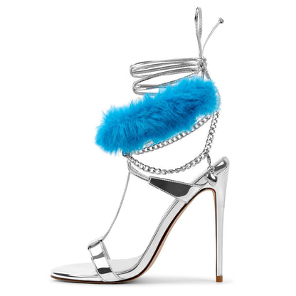 Round Toe Fur Metal Chain Lace-up Sandals - Onlymaker