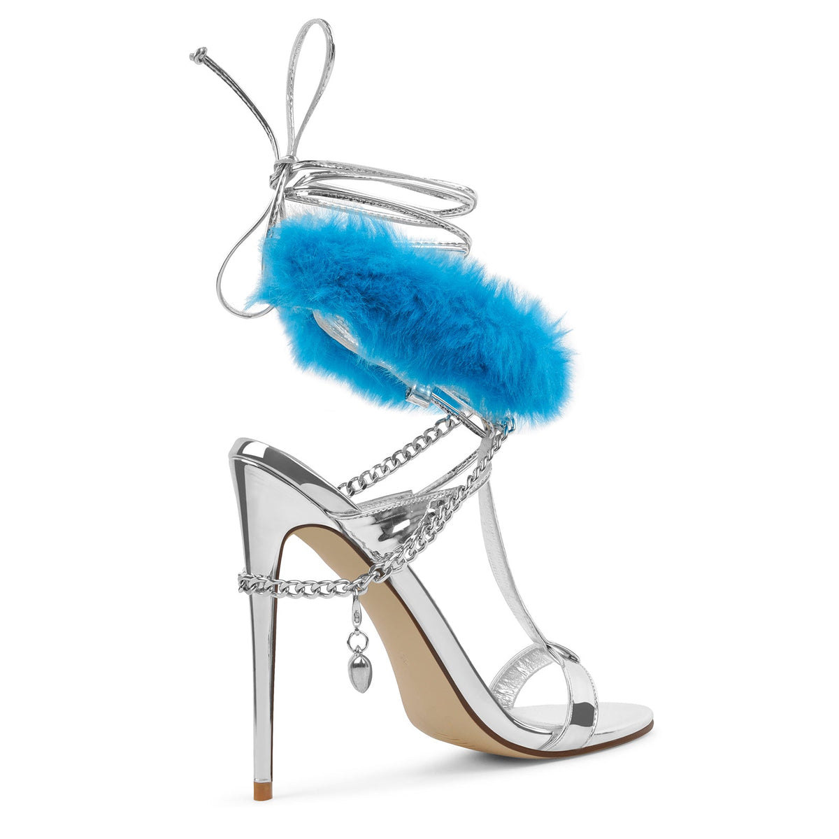 Round Toe Fur Metal Chain Lace-up Sandals - Onlymaker