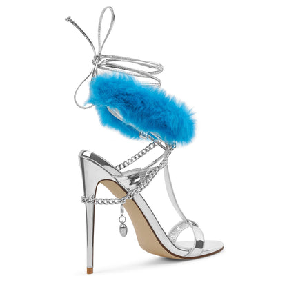 Round Toe Fur Metal Chain Lace-up Sandals - Onlymaker