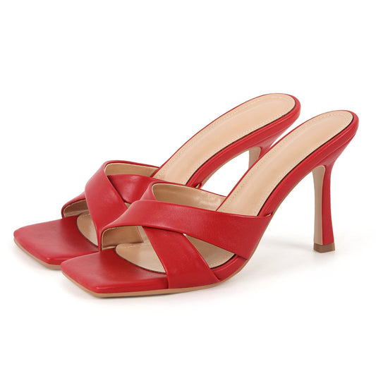 Square Toe Cross Band Sandals Mules - Onlymaker