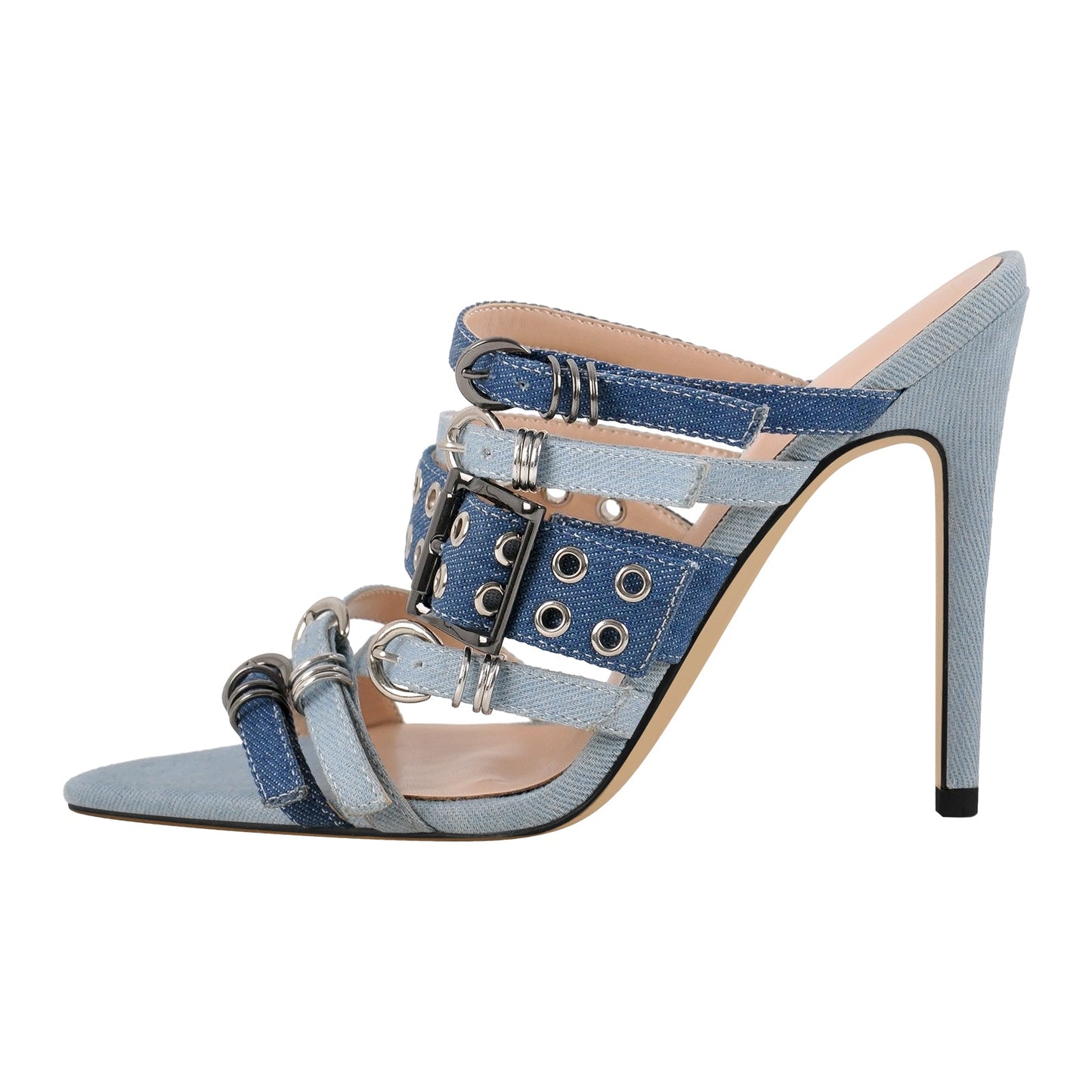 Denim Pointed Toe Buckle Straps Mules - Onlymaker