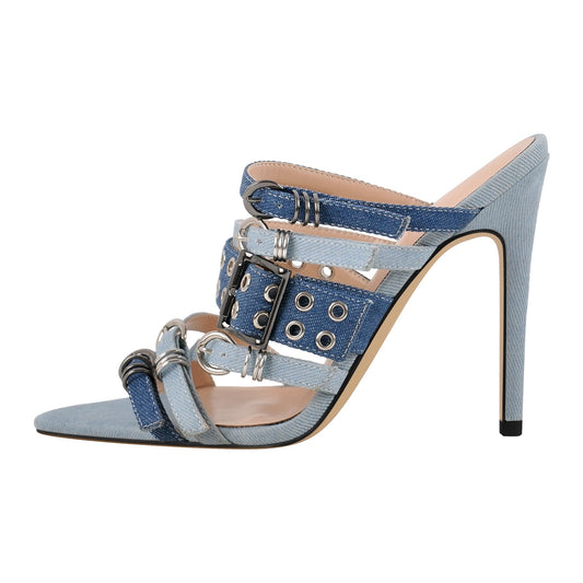Denim Pointed Toe Buckle Straps Mules - Onlymaker