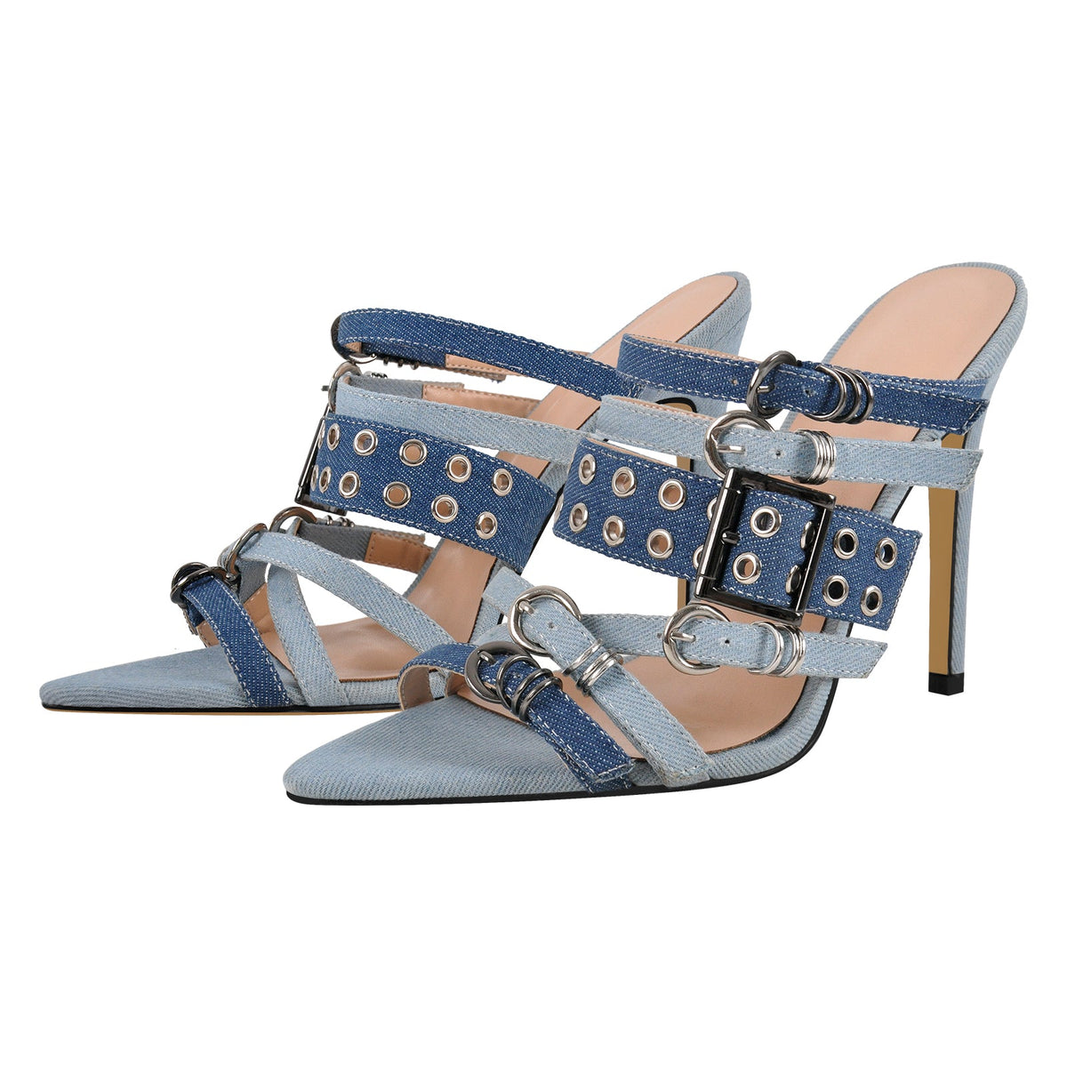 Denim Pointed Toe Buckle Straps Mules - Onlymaker