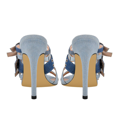 Denim Pointed Toe Buckle Straps Mules - Onlymaker