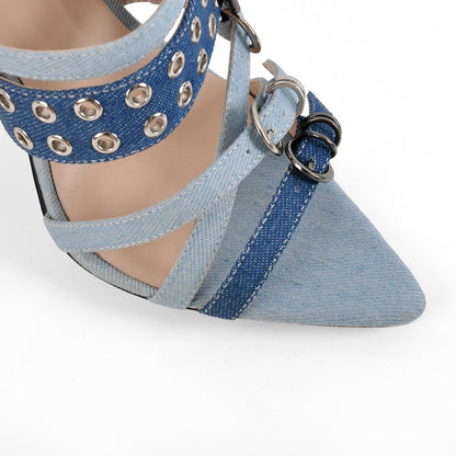 Denim Pointed Toe Buckle Straps Mules - Onlymaker
