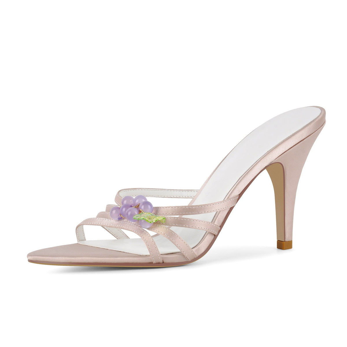 Pointed Toe Satin Grape Bead Embellished Mules - Onlymaker