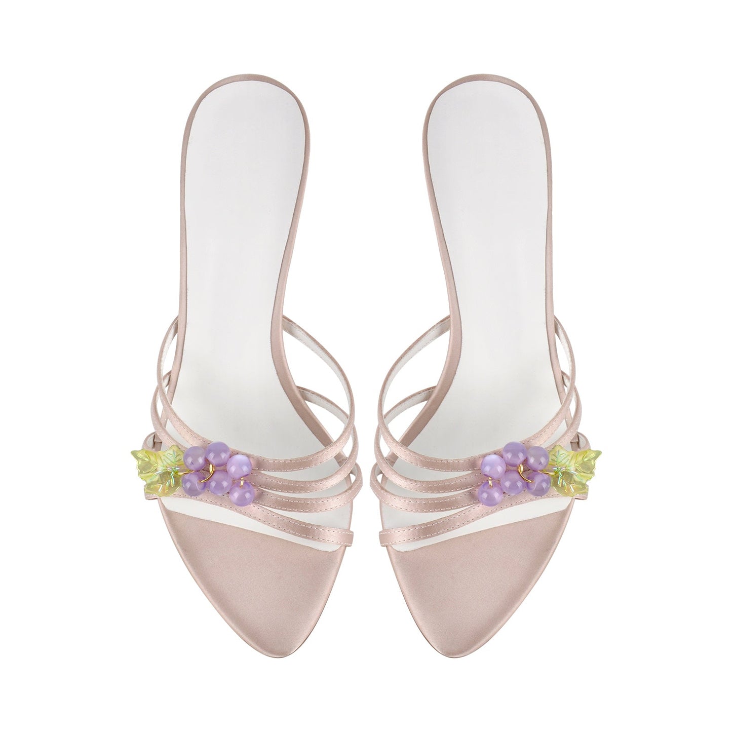 Pointed Toe Satin Grape Bead Embellished Mules - Onlymaker