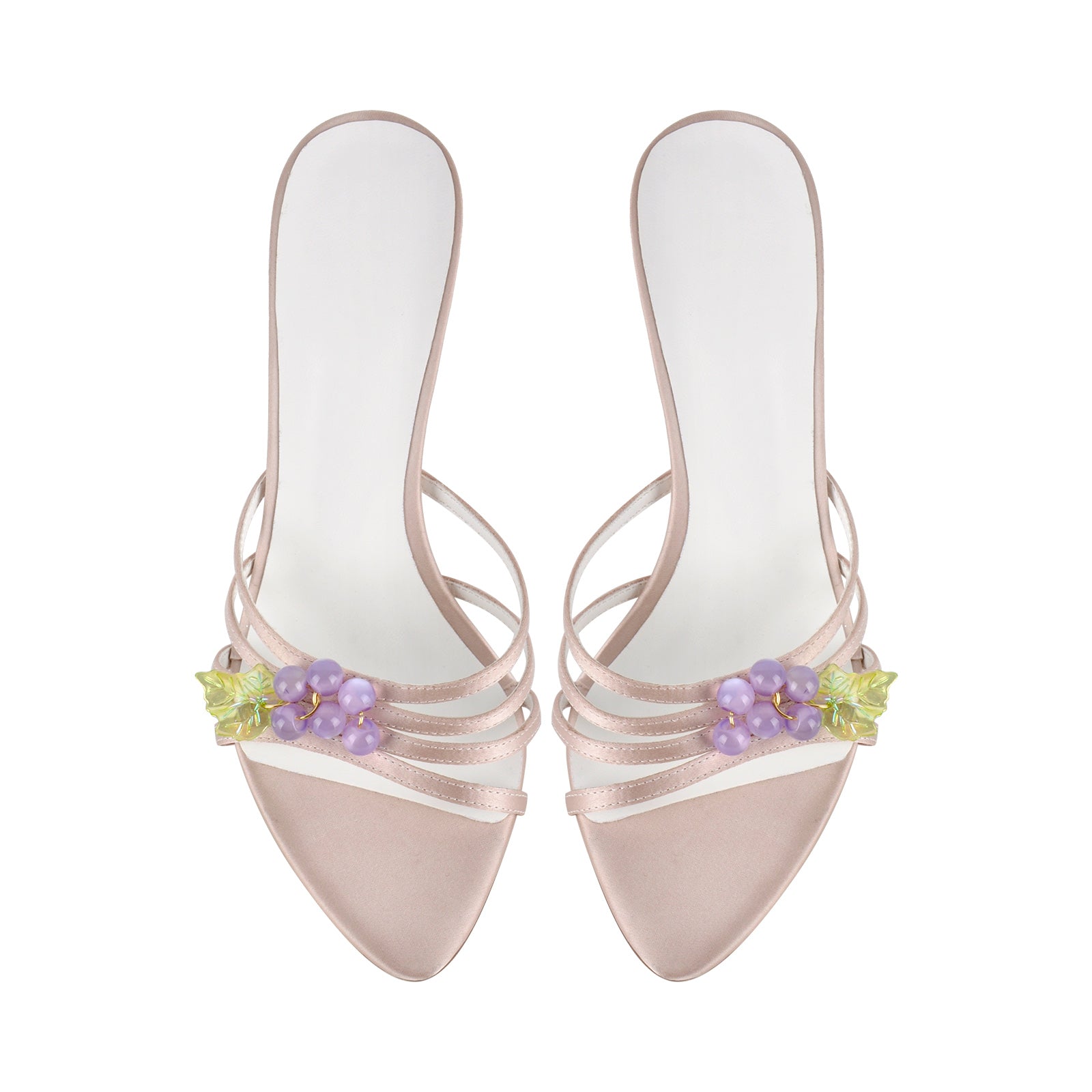 Pointed Toe Satin Grape Bead Embellished Mules - Onlymaker