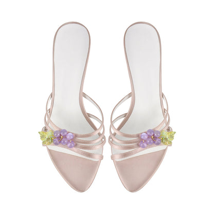 Pointed Toe Satin Grape Bead Embellished Mules - Onlymaker