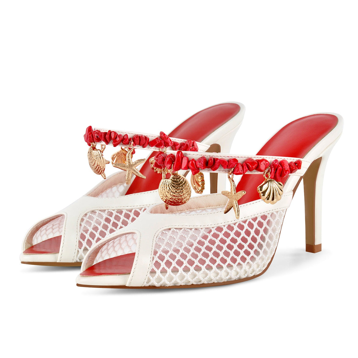 Peep Toe Mesh Ocean Pendant Mule Sandals - Onlymaker