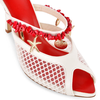 Peep Toe Mesh Ocean Pendant Mule Sandals - Onlymaker