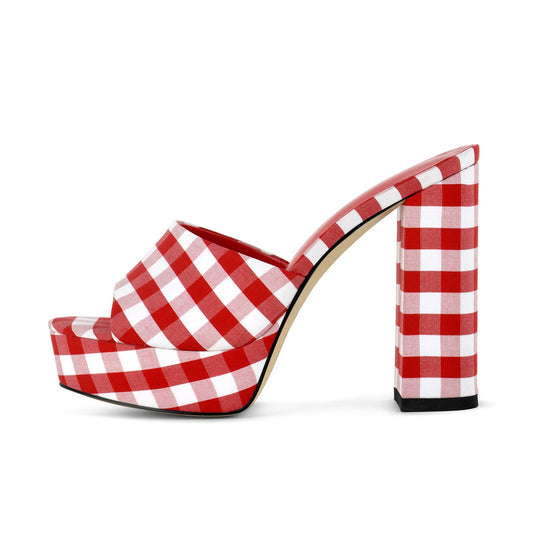 Round Toe Platform Plaid Chunky Heel Mules - Onlymaker