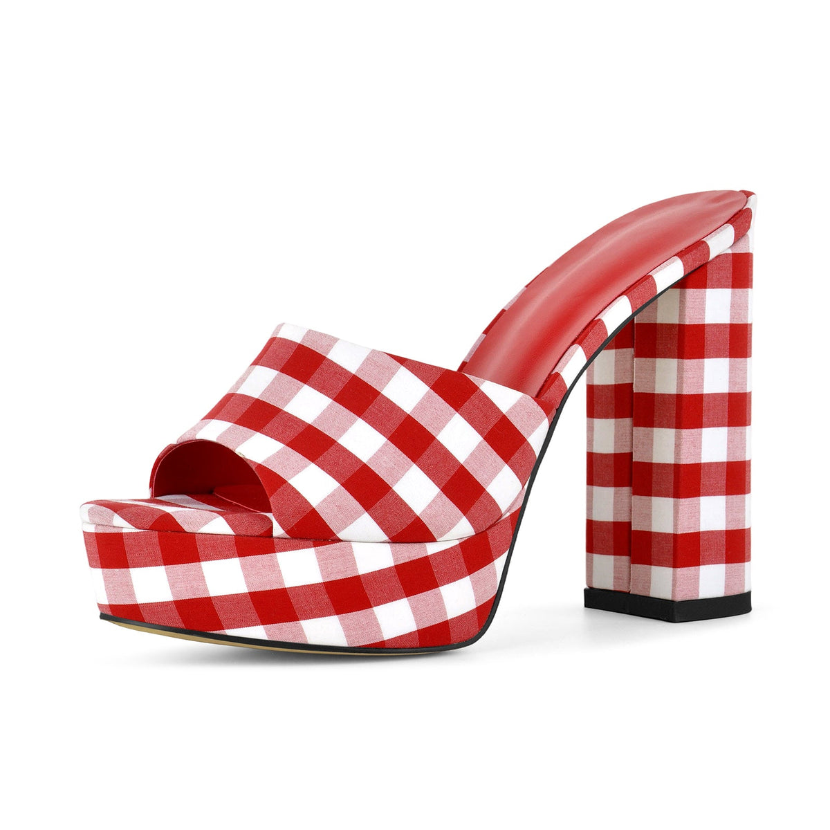 Round Toe Platform Plaid Chunky Heel Mules - Onlymaker