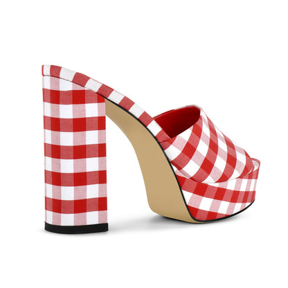 Round Toe Platform Plaid Chunky Heel Mules - Onlymaker