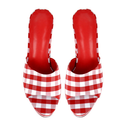 Round Toe Platform Plaid Chunky Heel Mules - Onlymaker
