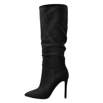 Black Pointed Toe Stiletto Suede Boots - Onlymaker