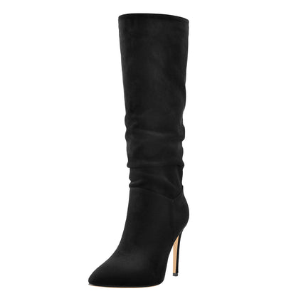 Black Pointed Toe Stiletto Suede Boots - Onlymaker