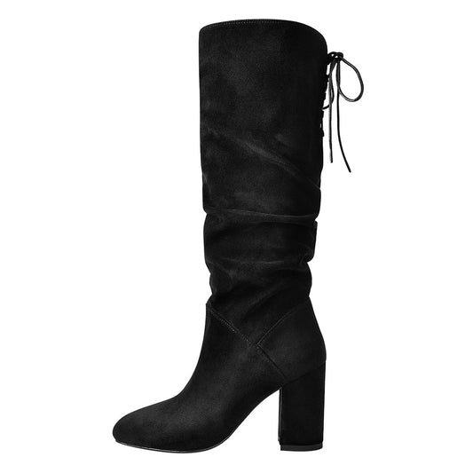 Black Suede Round Toe Chunky Heels Boots - Onlymaker