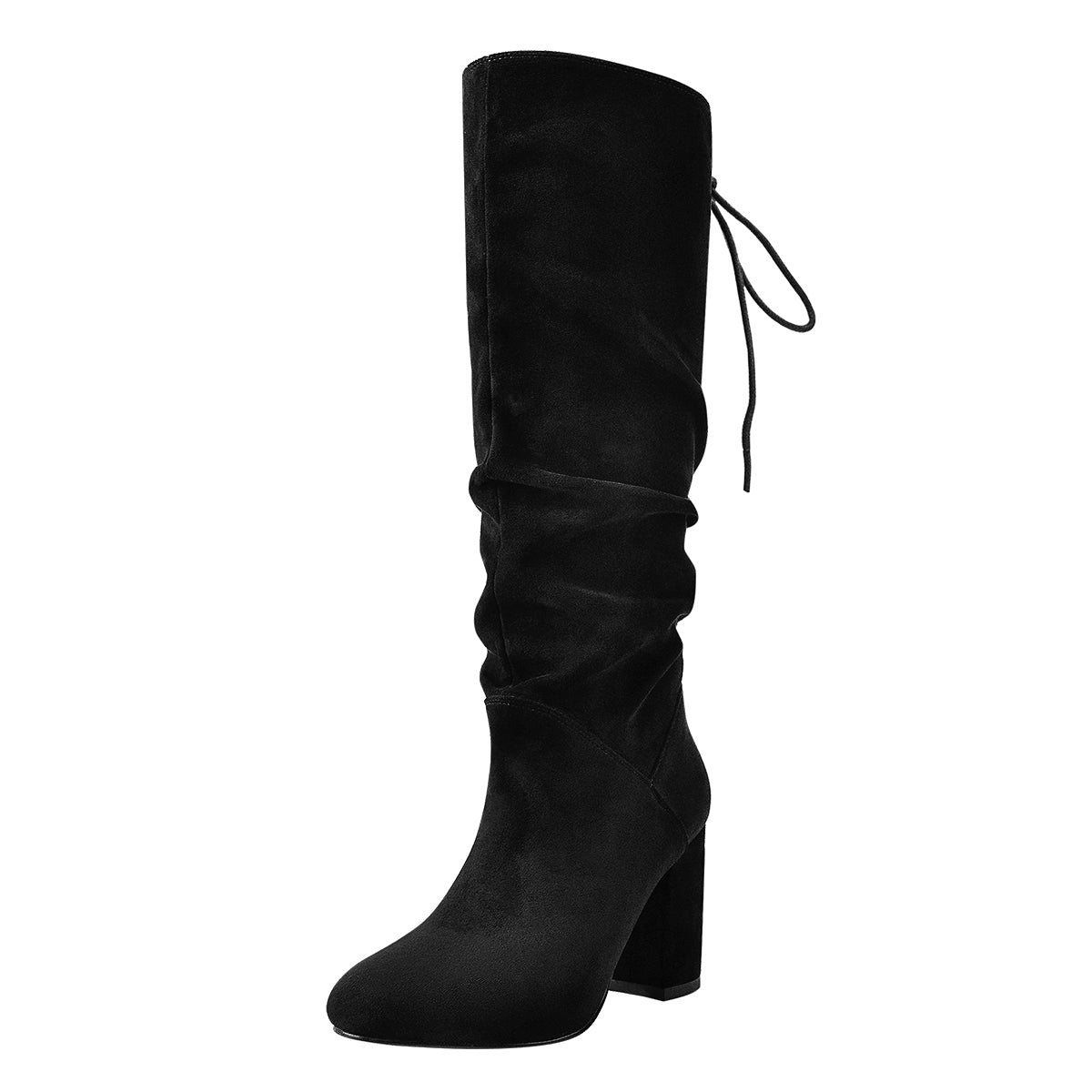 Black Suede Round Toe Chunky Heels Boots - Onlymaker