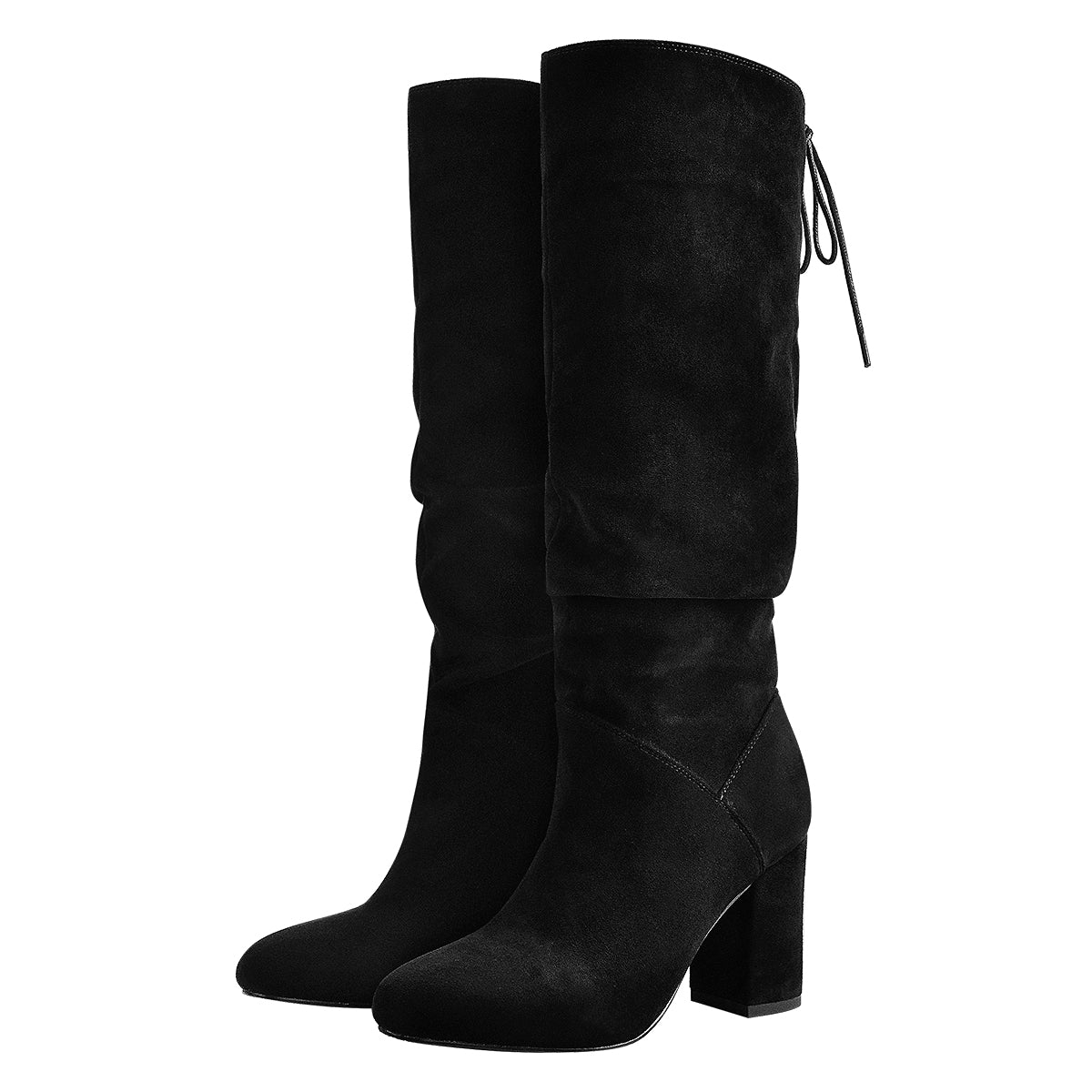 Black Suede Round Toe Chunky Heels Boots - Onlymaker