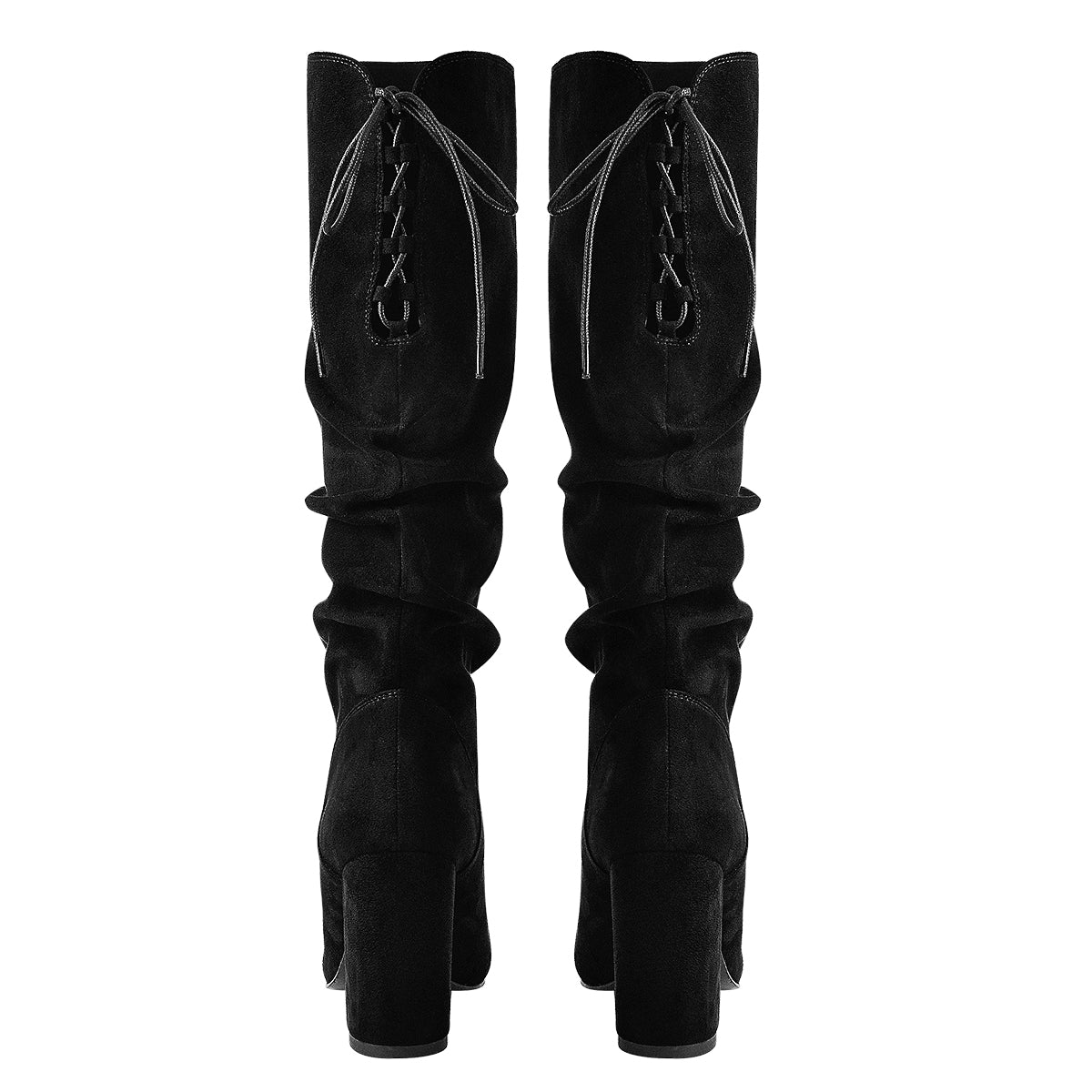 Black Suede Round Toe Chunky Heels Boots - Onlymaker