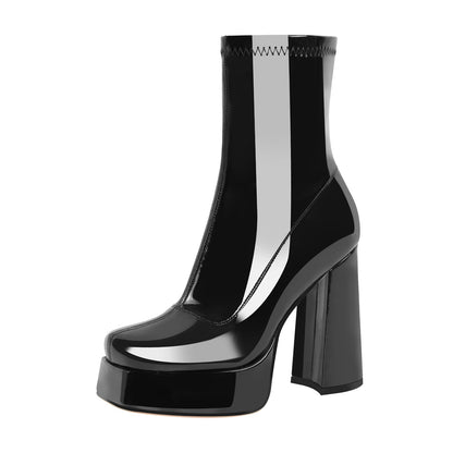 Patent Leather Square Toe Chunky Heel Ankle Boots - Onlymaker