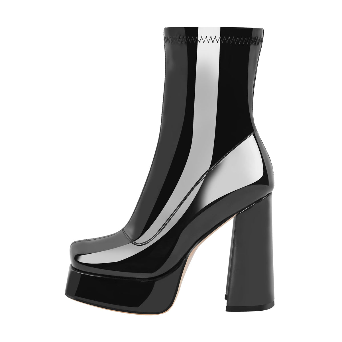 Patent Leather Square Toe Chunky Heel Ankle Boots - Onlymaker