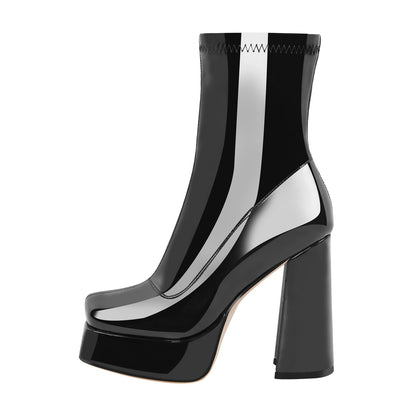 Patent Leather Square Toe Chunky Heel Ankle Boots - Onlymaker