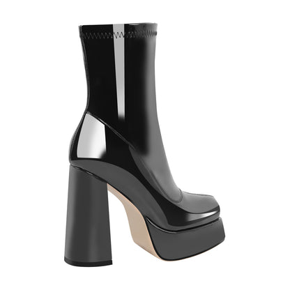 Patent Leather Square Toe Chunky Heel Ankle Boots - Onlymaker