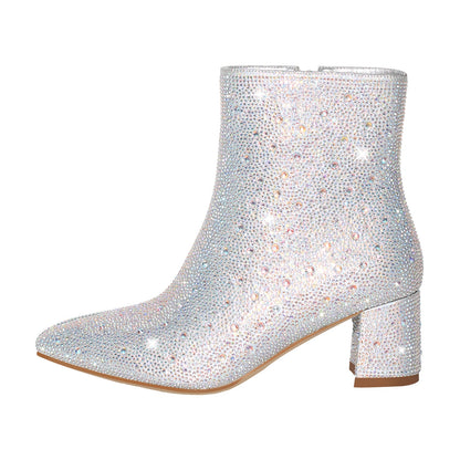 Rhinestone Pointed Toe Chunky Heel Ankle Boots - Onlymaker