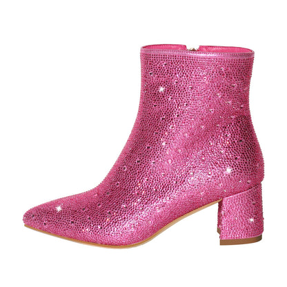 Rhinestone Pointed Toe Chunky Heel Ankle Boots - Onlymaker