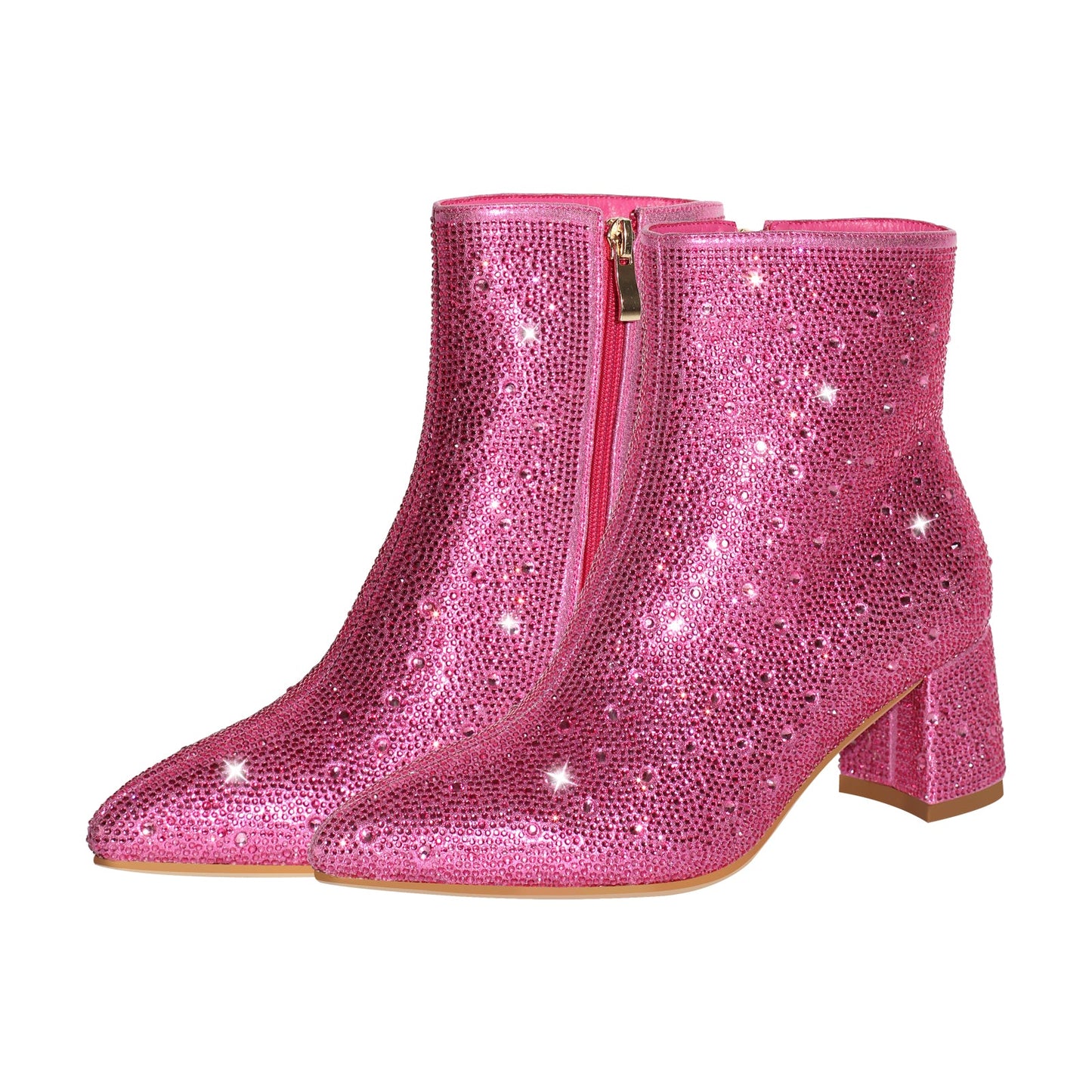 Rhinestone Pointed Toe Chunky Heel Ankle Boots - Onlymaker