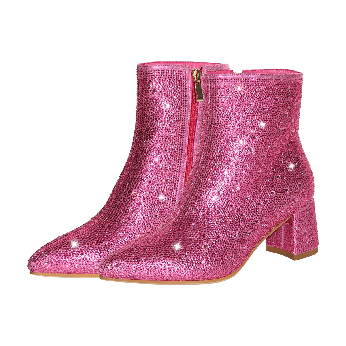 Rhinestone Pointed Toe Chunky Heel Ankle Boots - Onlymaker
