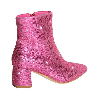 Rhinestone Pointed Toe Chunky Heel Ankle Boots - Onlymaker