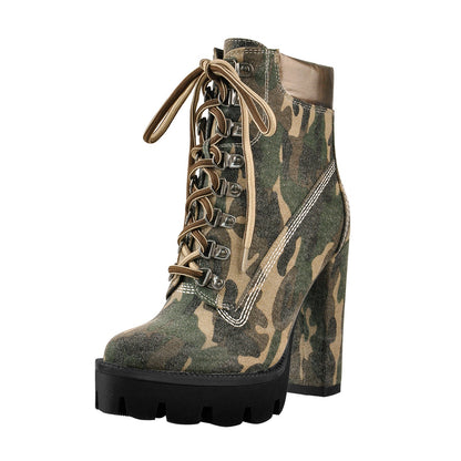 Camouflage Round Toe Platform Chunky Heels Ankle Boots - Onlymaker