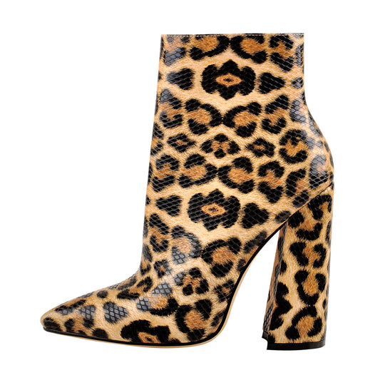 Leopard Pointed Toe High Heels Chunky Block Ankle Booties - Onlymaker