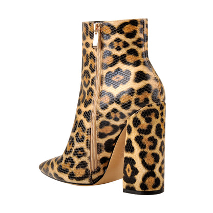 Leopard Pointed Toe High Heels Chunky Block Ankle Booties - Onlymaker