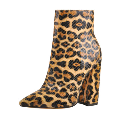Leopard Pointed Toe High Heels Chunky Block Ankle Booties - Onlymaker